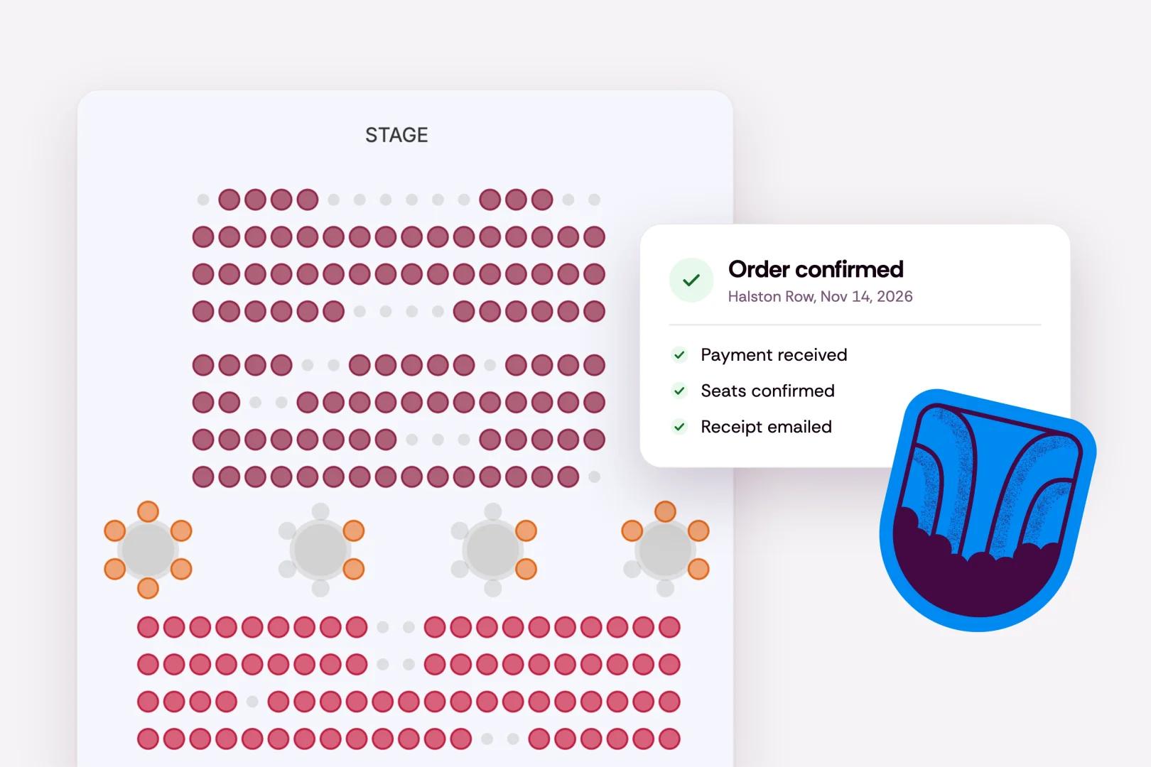 The Halston Row seat map with an order confirmed card