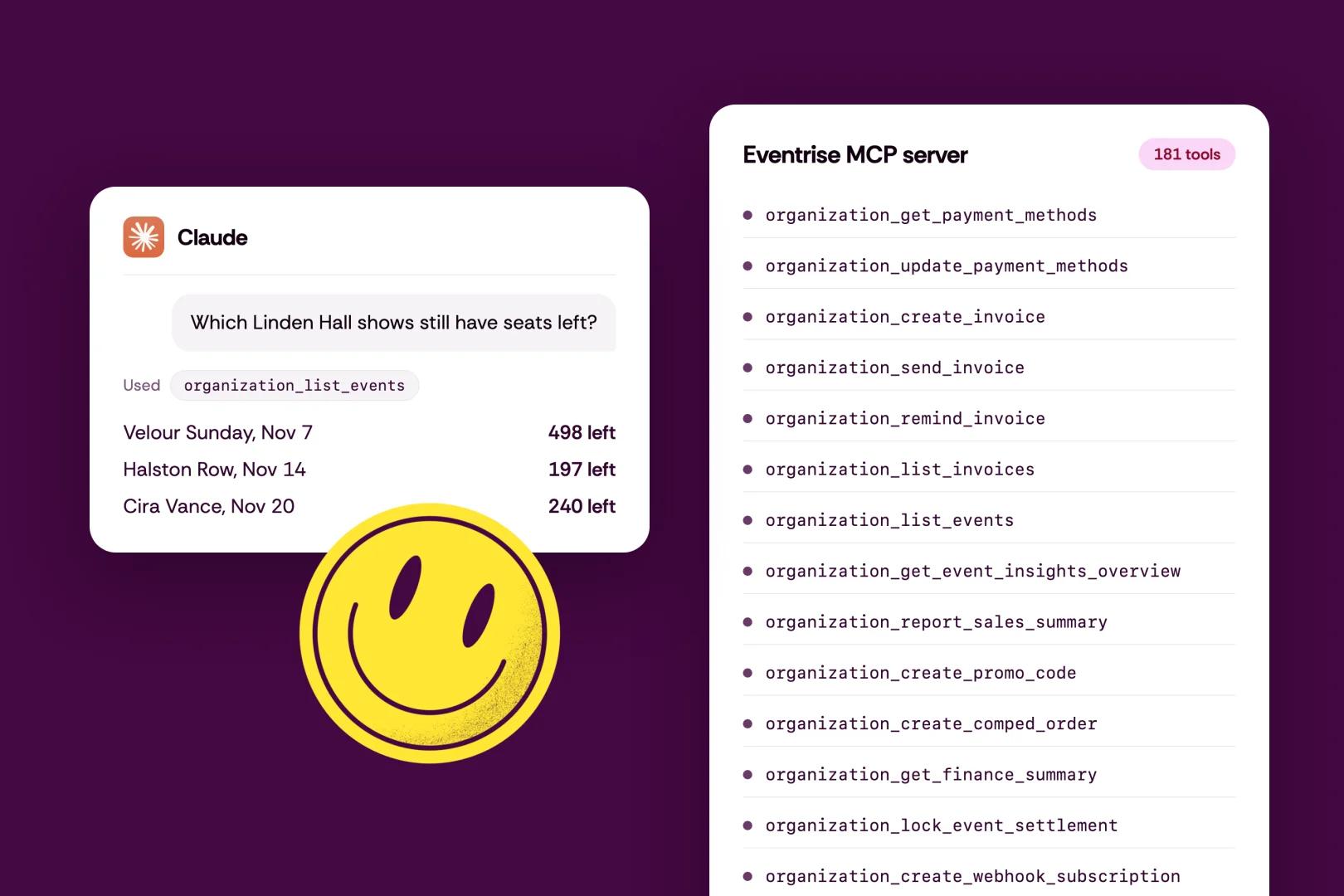 A Claude conversation using the Eventrise MCP server, beside a list of its tools