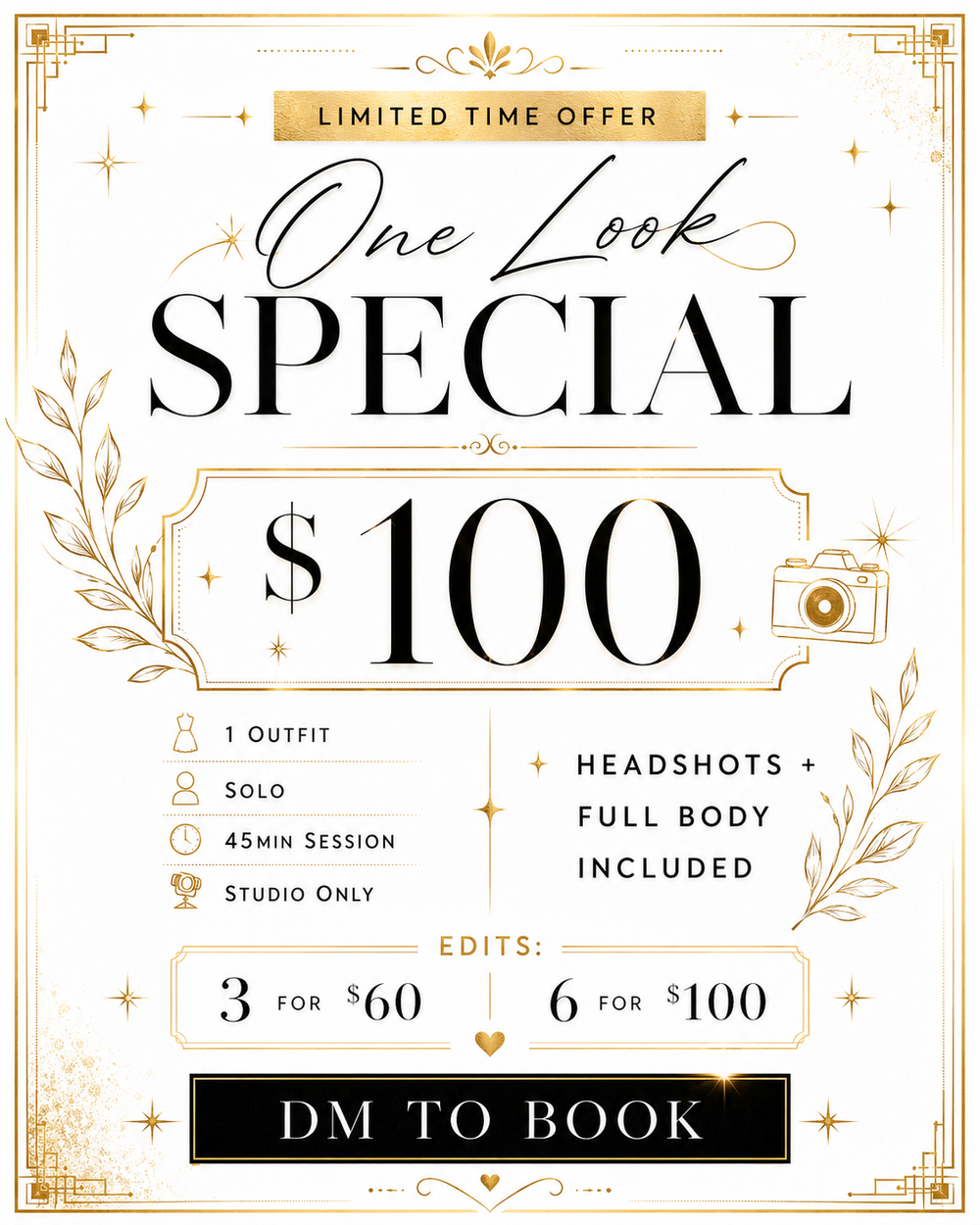 One Look Special flyer showing the $100 solo studio portrait offer and edited-image options