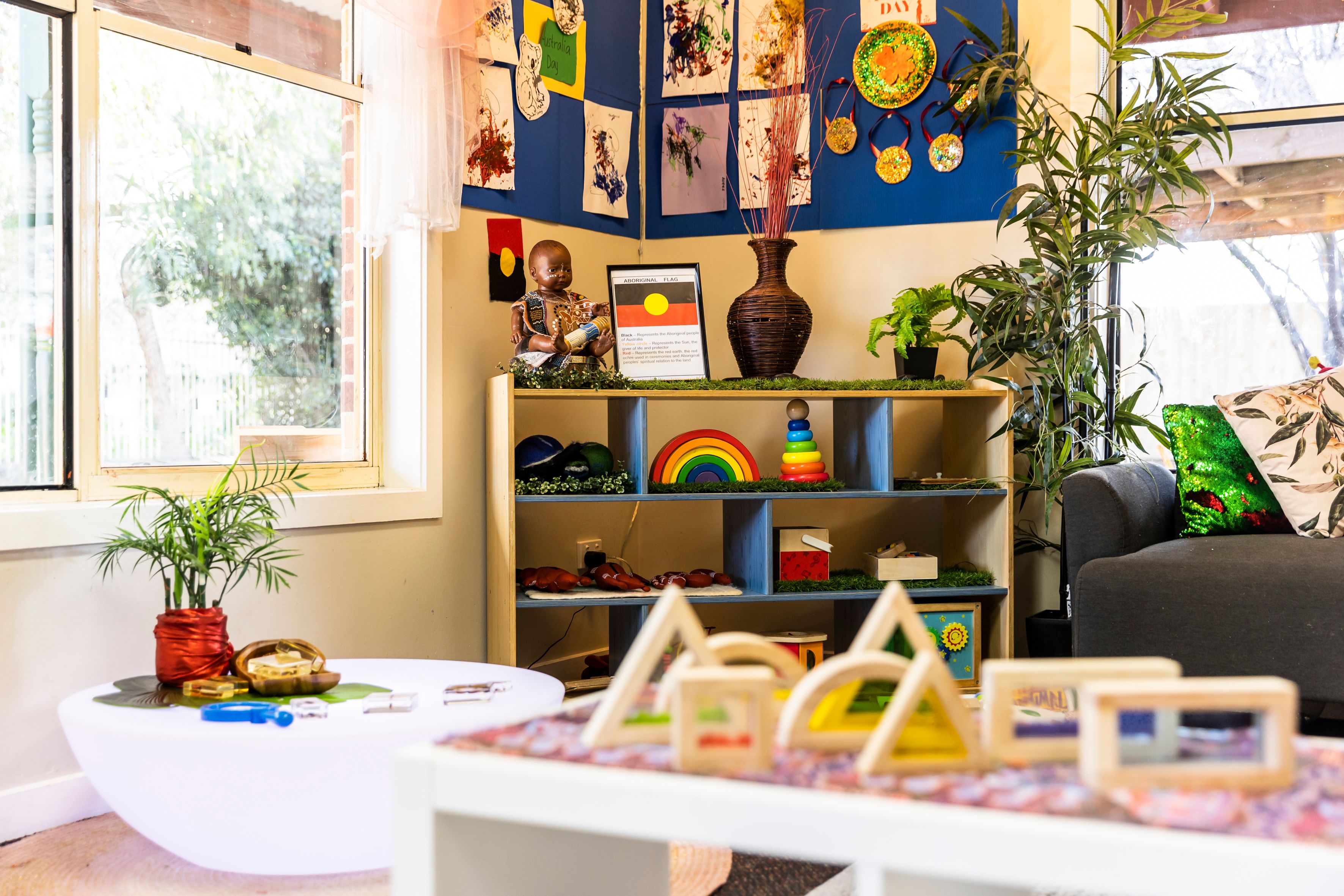 Bright classroom with toys and displays