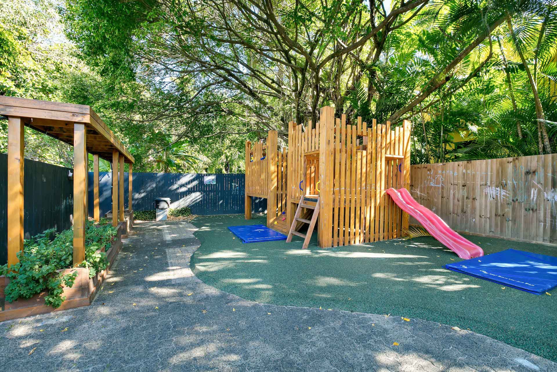 A shady, tree lined playground with a wooden fort