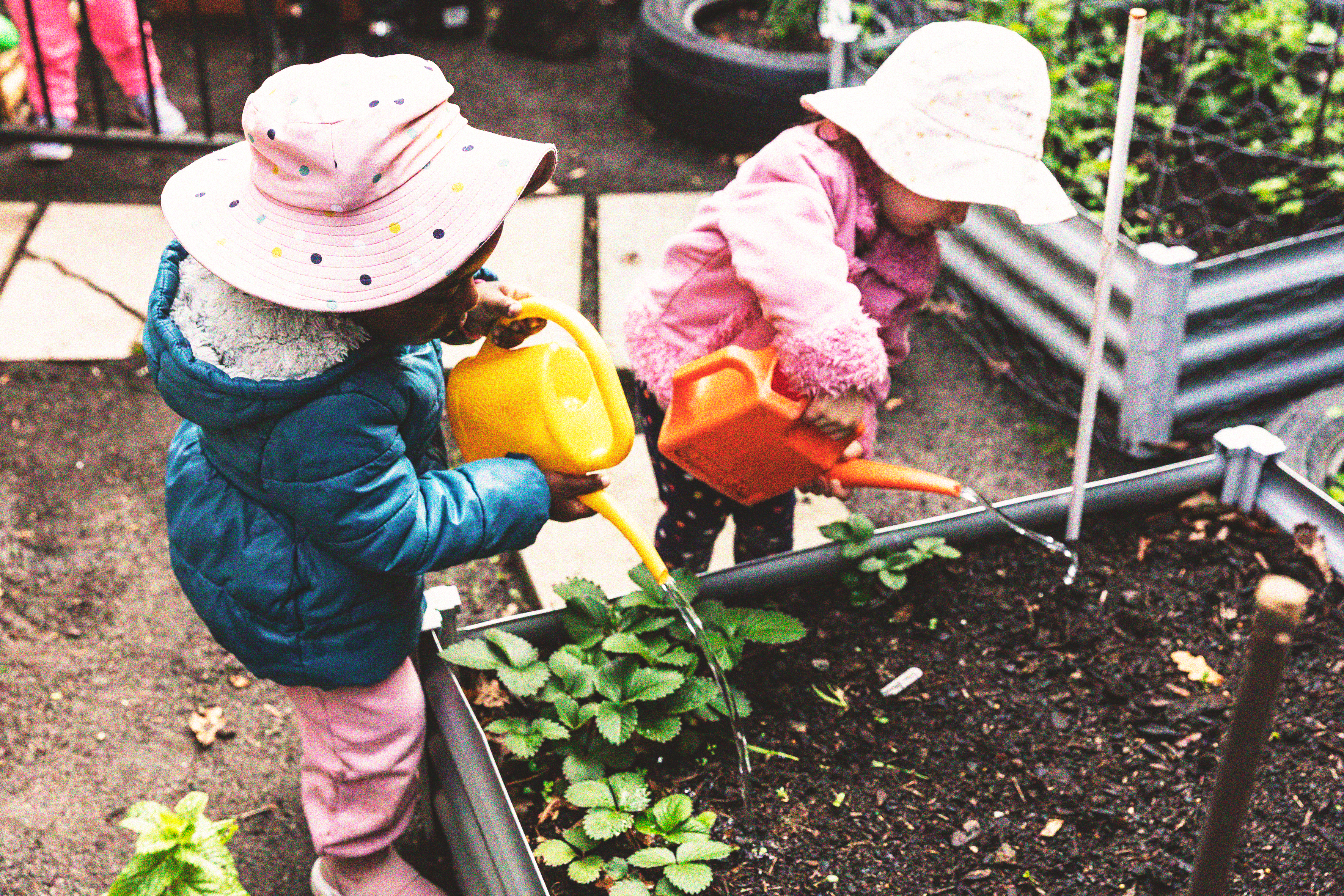 Two young children watering plants