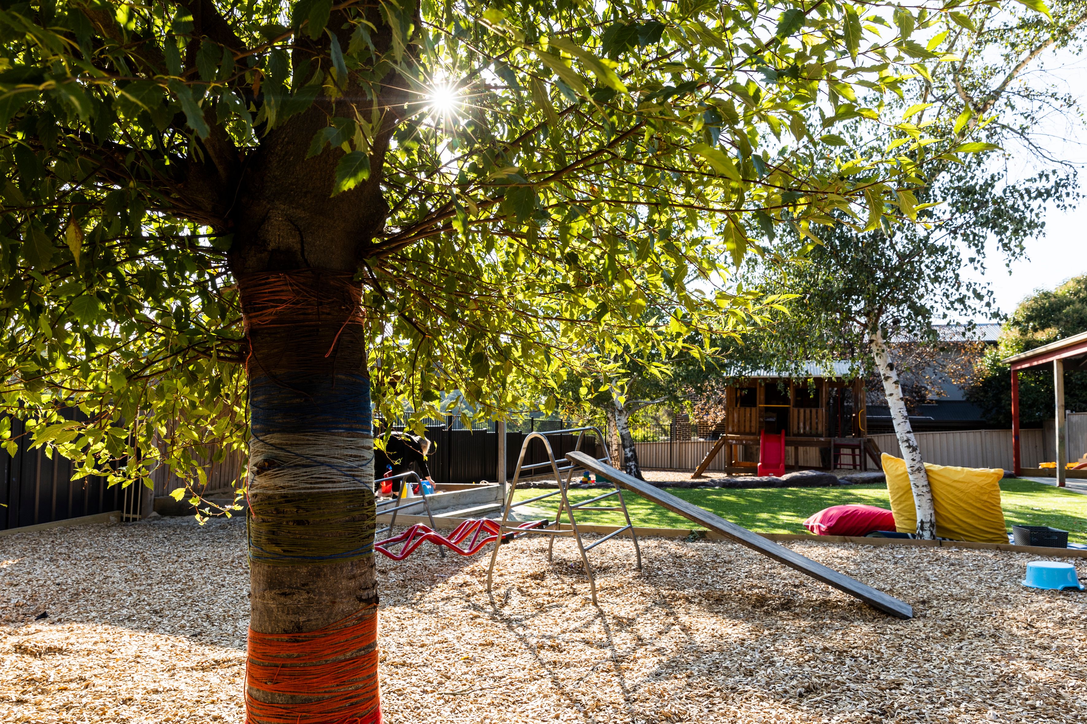 Sun shining through tree leaves with play equipment behind