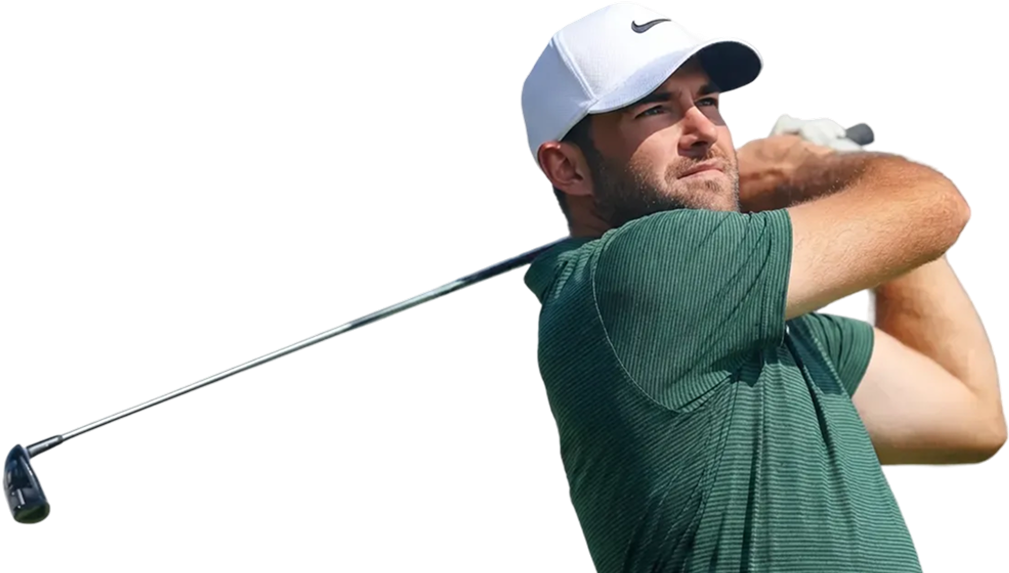 Golfer in focused mid-swing pose wearing white cap and green shirt