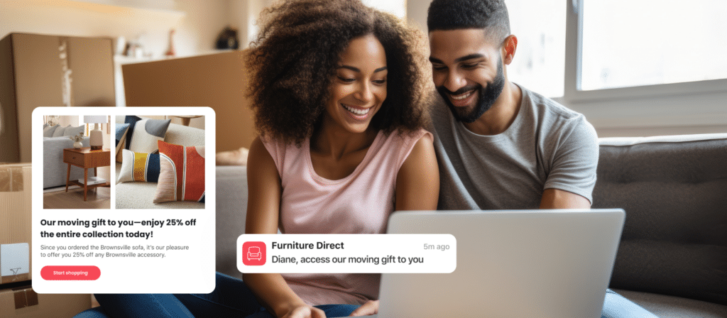 Couple looking at laptop with popups of examples of content