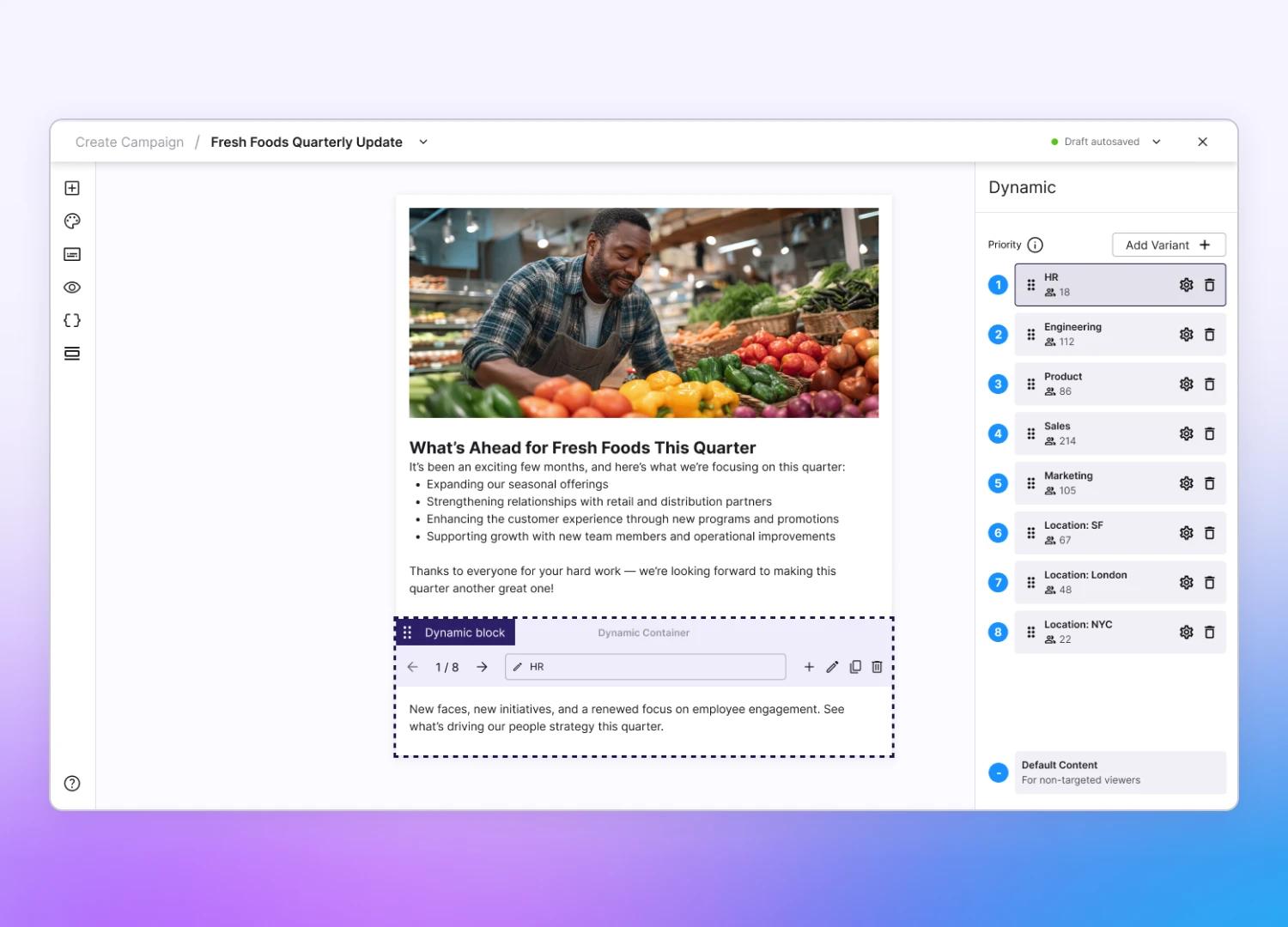 A digital interface displays an email campaign editor with a preview of a grocery-themed newsletter and dynamic content settings on the right panel.