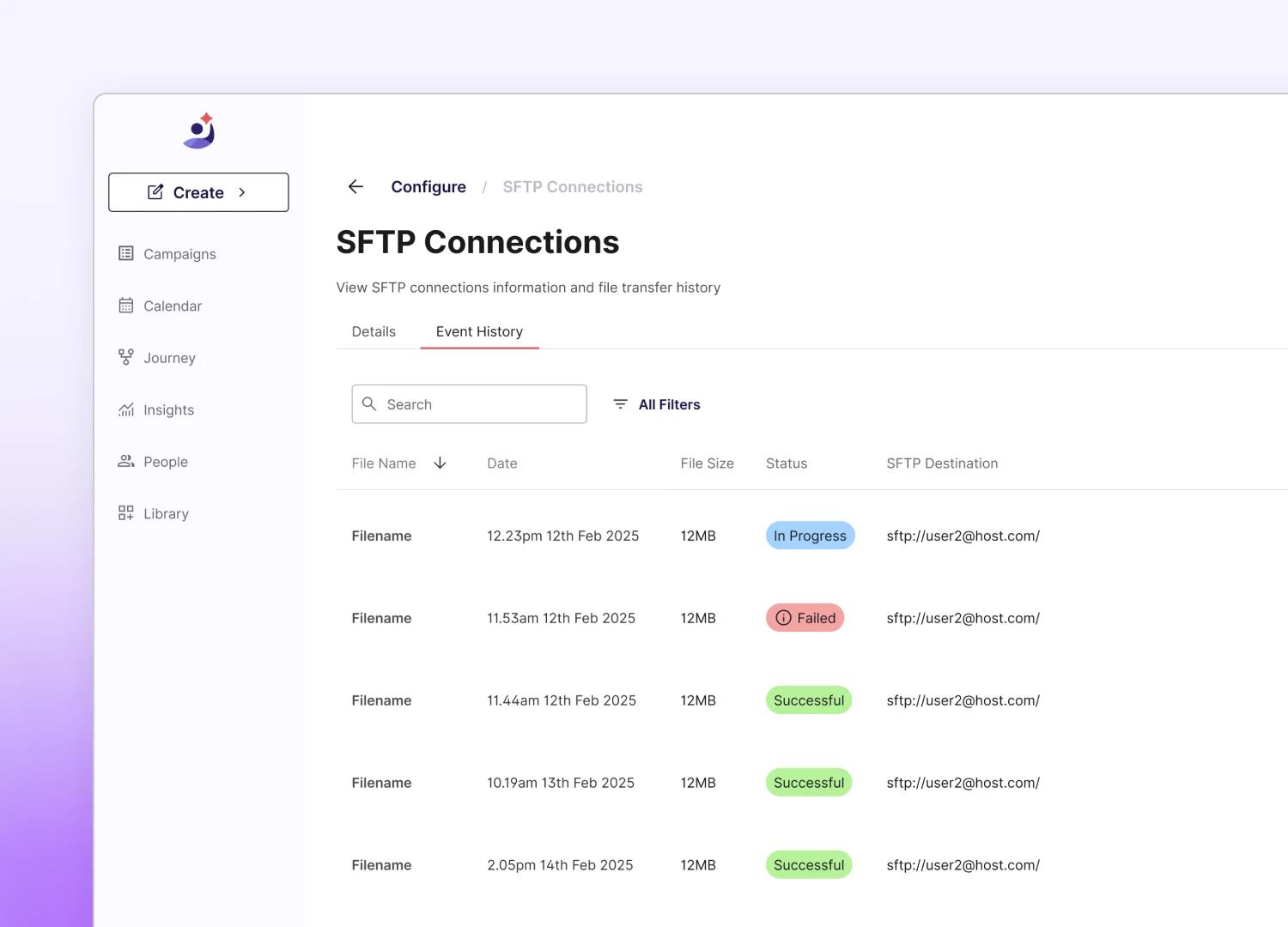 A dashboard titled "SFTP Connections" shows file transfer history. Rows list files with dates, sizes, and statuses like "In Progress," "Failed," and "Successful."