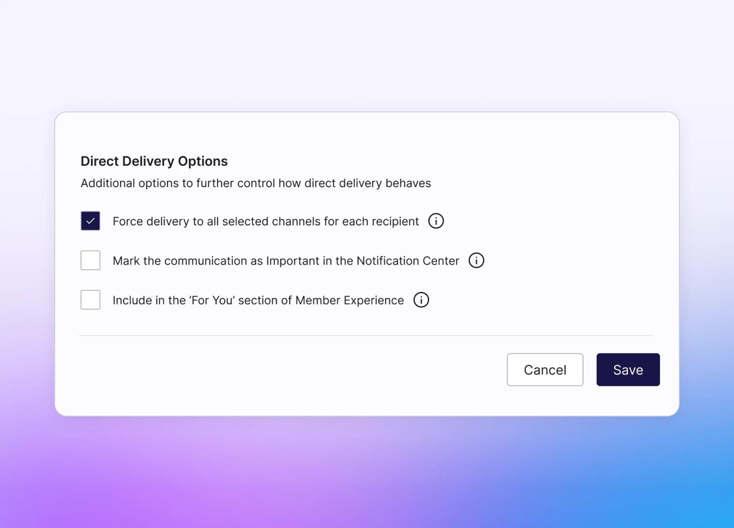 A settings dialog titled "Direct Delivery Options" with checkboxes for delivery preferences. "Force delivery" is selected. Buttons labeled "Cancel" and "Save."