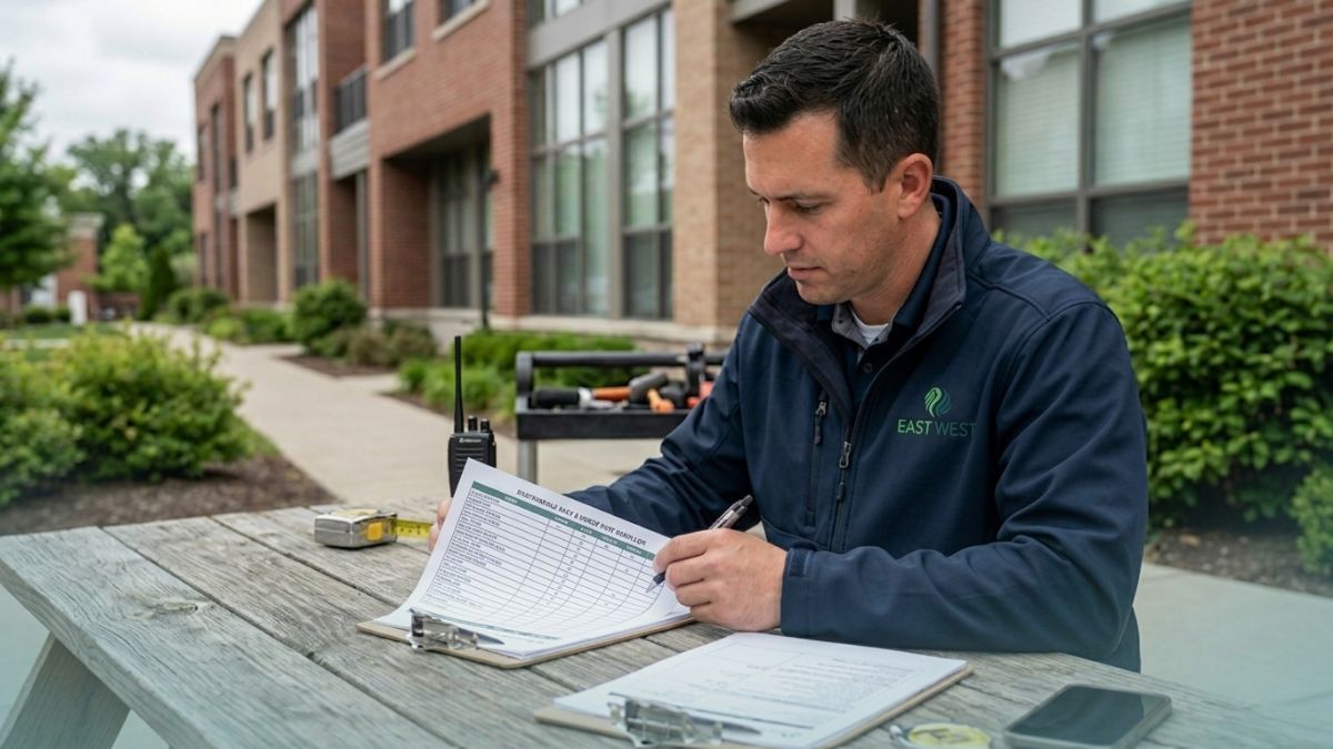 East West Maintenance supervisor completing a property inspection checklist at a picnic table outside a residential building.