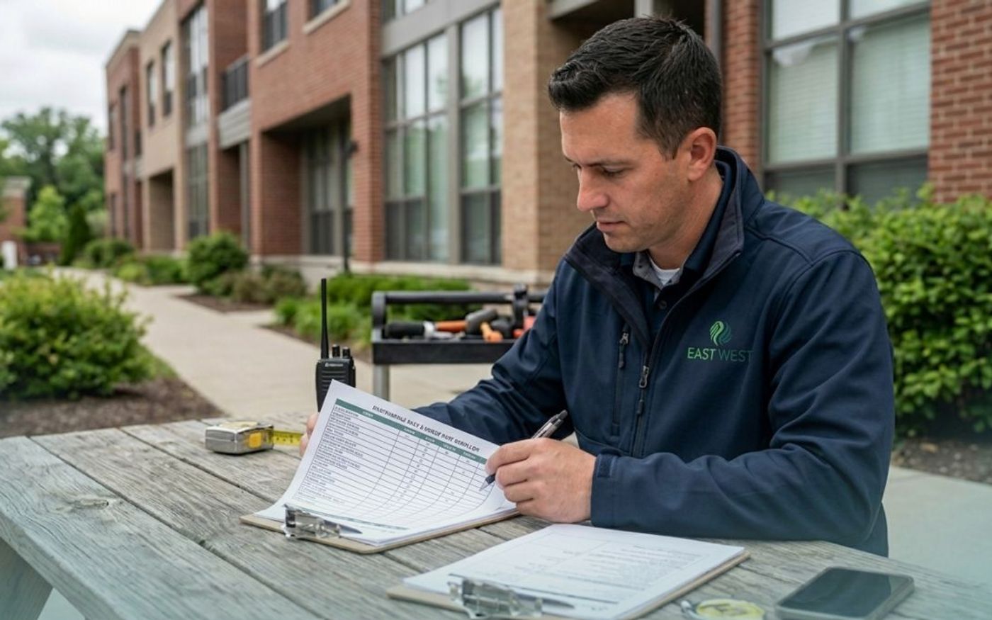 East West Maintenance supervisor completing a property inspection checklist at a picnic table outside a residential building.