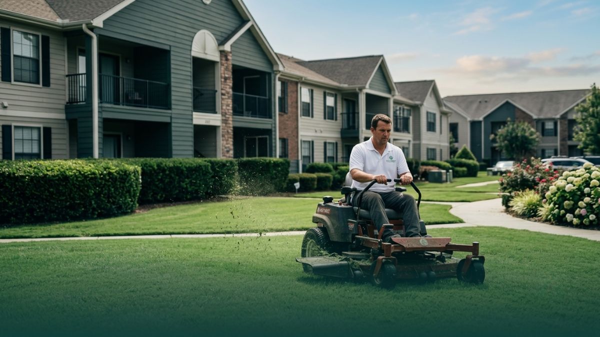 A maintenance crew member mowing a lawn on a zero-turn mower at a multifamily apartment property