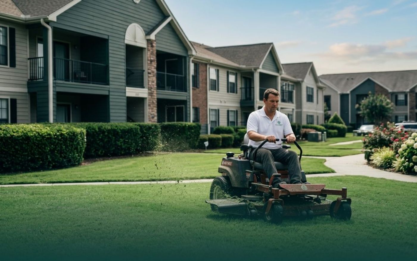 A maintenance crew member mowing a lawn on a zero-turn mower at a multifamily apartment property