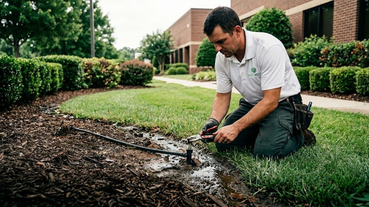 Maintenance technician kneeling to repair a leaking irrigation line in a mulched garden bed outside a commercial building