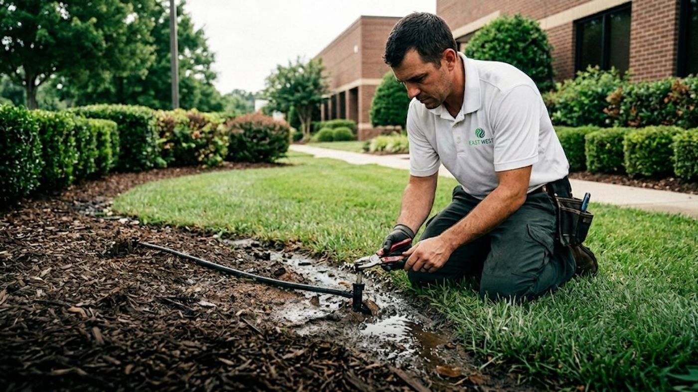 Maintenance technician kneeling to repair a leaking irrigation line in a mulched garden bed outside a commercial building