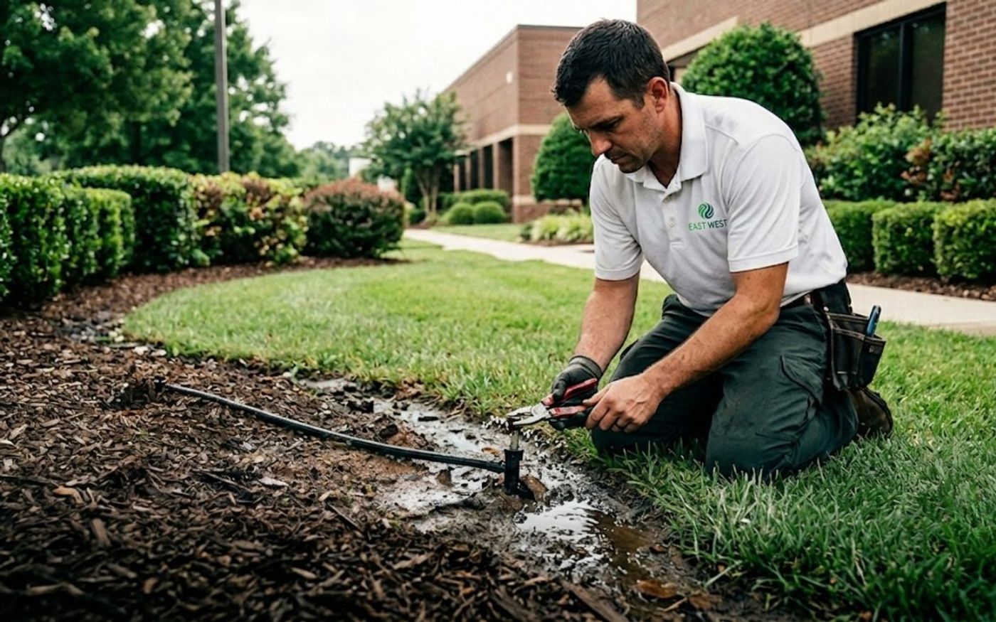 Maintenance technician kneeling to repair a leaking irrigation line in a mulched garden bed outside a commercial building