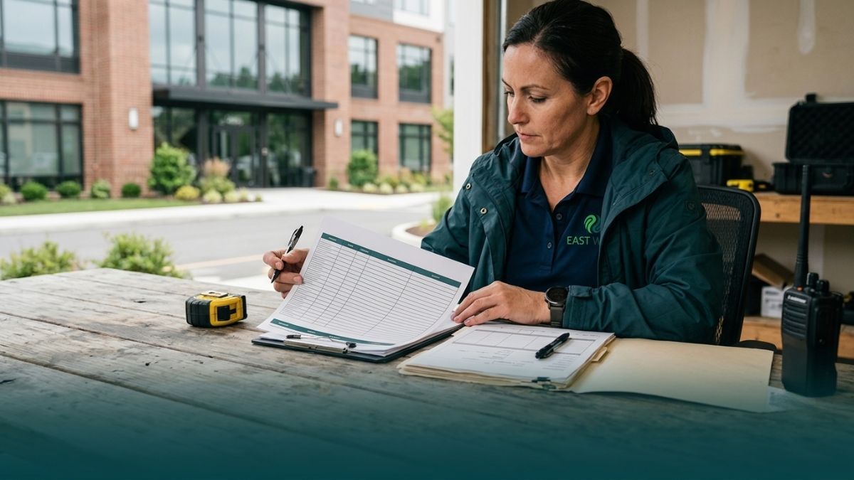 East West Maintenance team member reviewing a landscaping service schedule on a clipboard at an outdoor worksite.