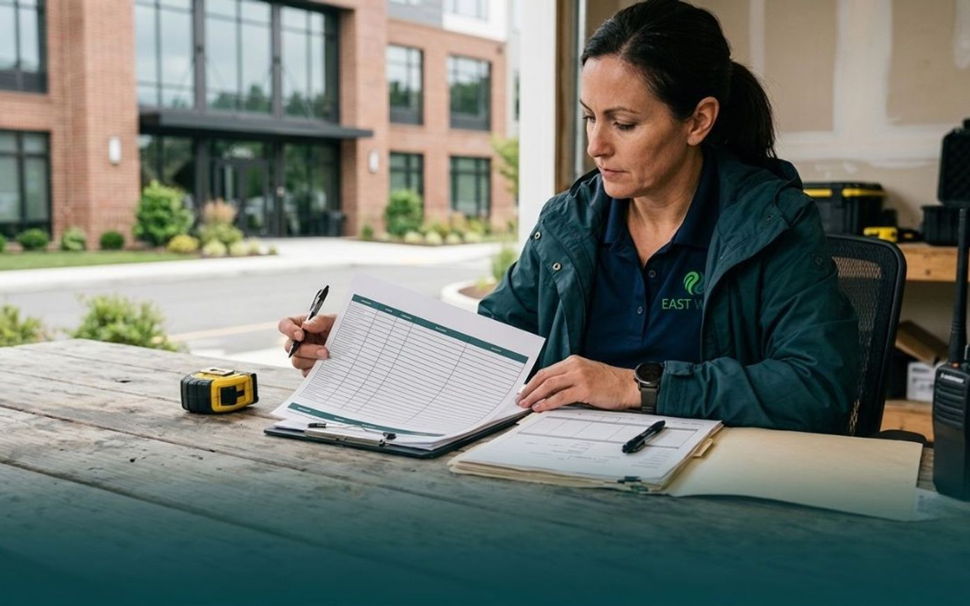 East West Maintenance team member reviewing a landscaping service schedule on a clipboard at an outdoor worksite.
