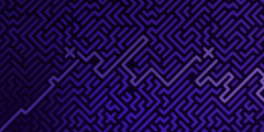 An abstract pattern closely resembling a maze in purple and blue tones. A line of pink and blue weaves its way through the pattern.