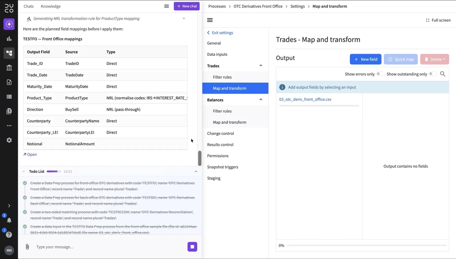 The Duco platform preparing OTC derivatives data: proposed field mappings in the chat panel, beside the Map and transform settings
