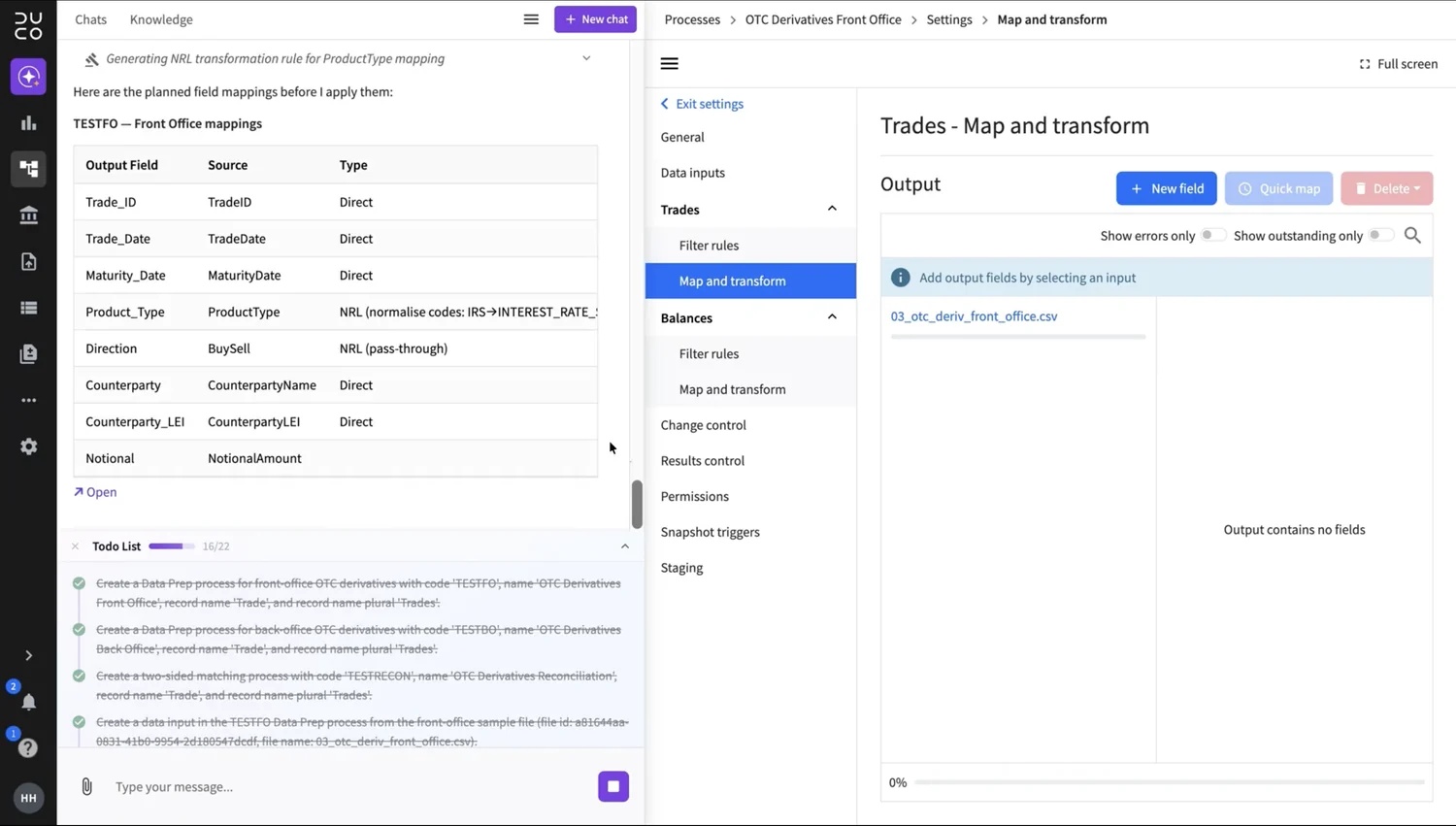 The Duco platform preparing OTC derivatives data: proposed field mappings in the chat panel, beside the Map and transform settings
