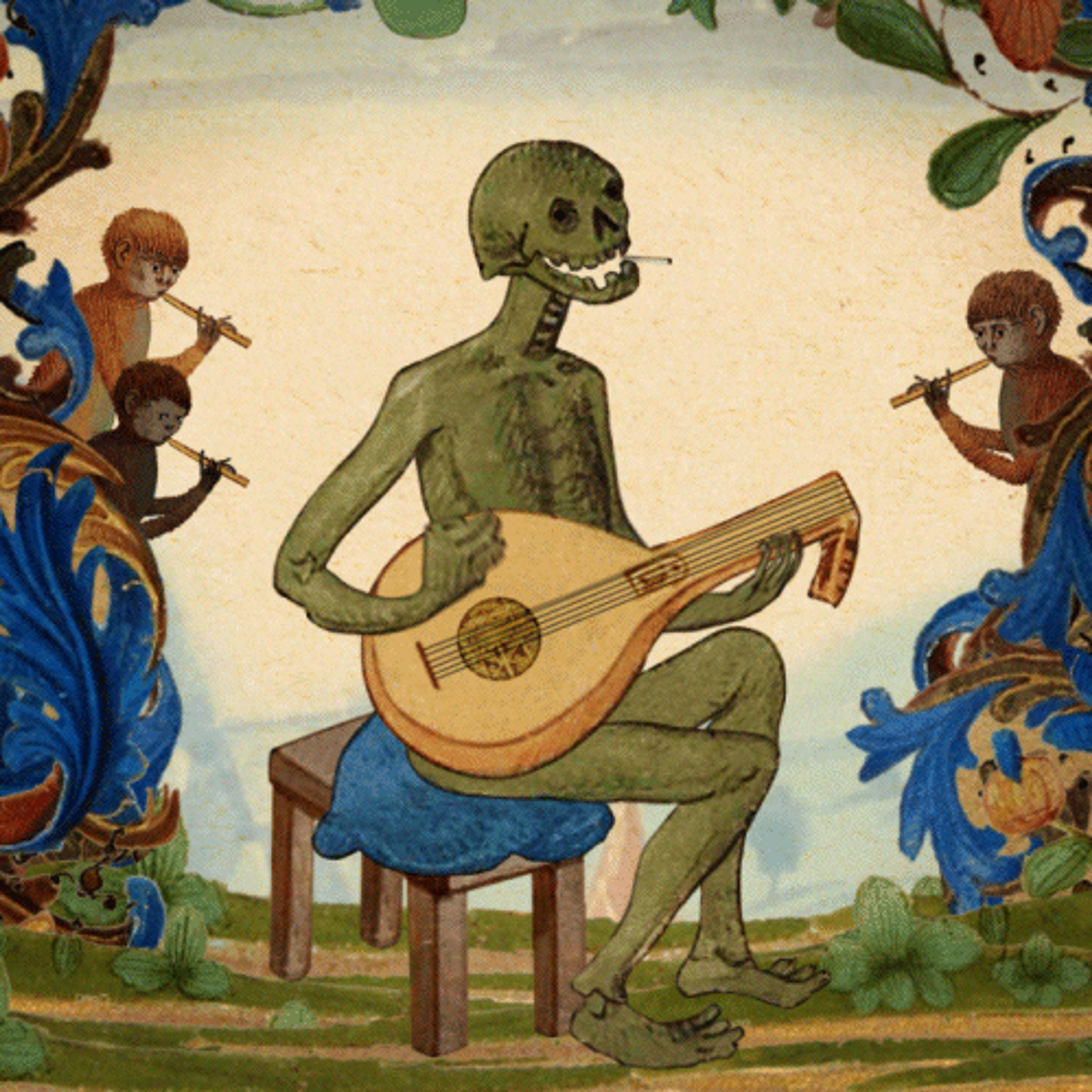 An animated medieval drawing of death playing a banjo