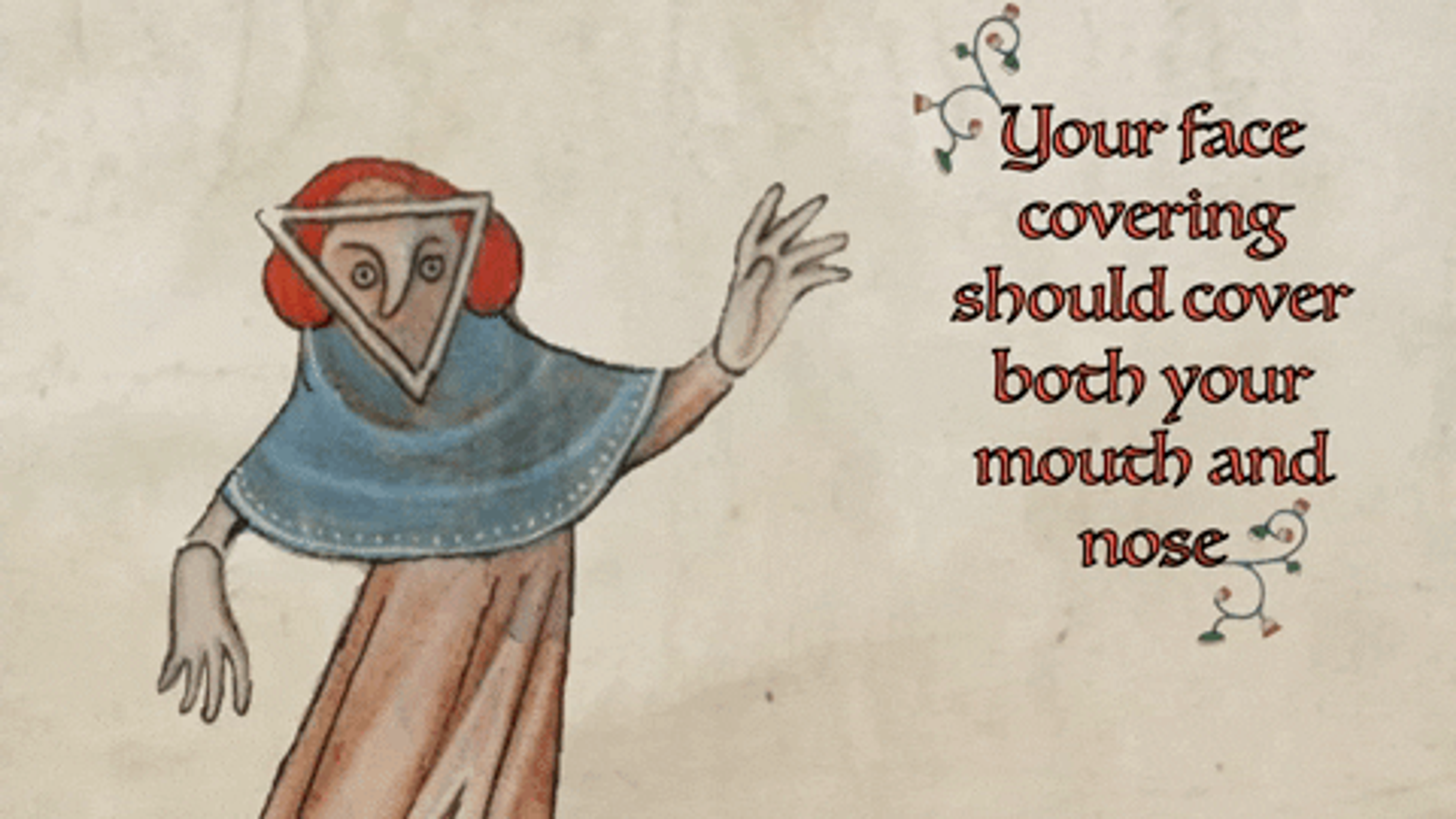 An animated medieval drawing of a woman wearing a face covering