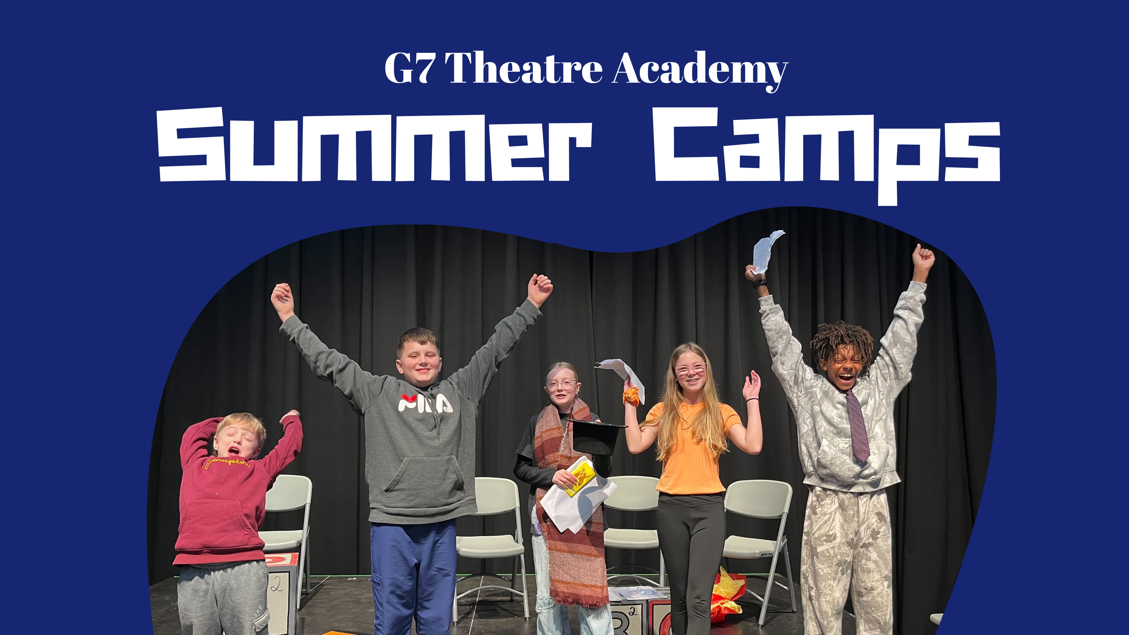 Kids at the Summer Camp raising their hands to bow at the end of a performance with "G7 Theatre Academy Summer Camp" at the top