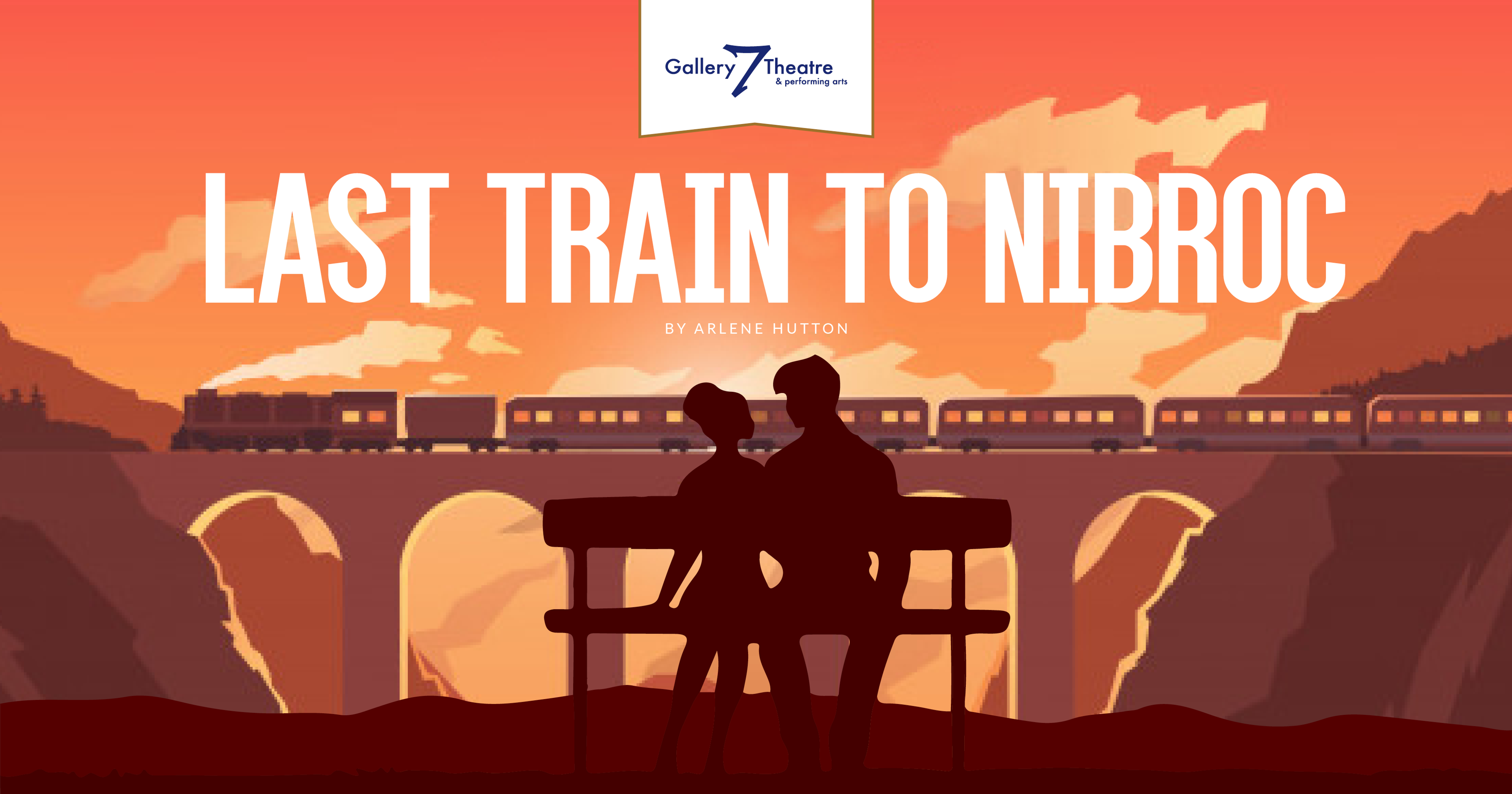 A couple sits on a bench, staring into each other's eyes, as a train passes over a bridge in the distance.