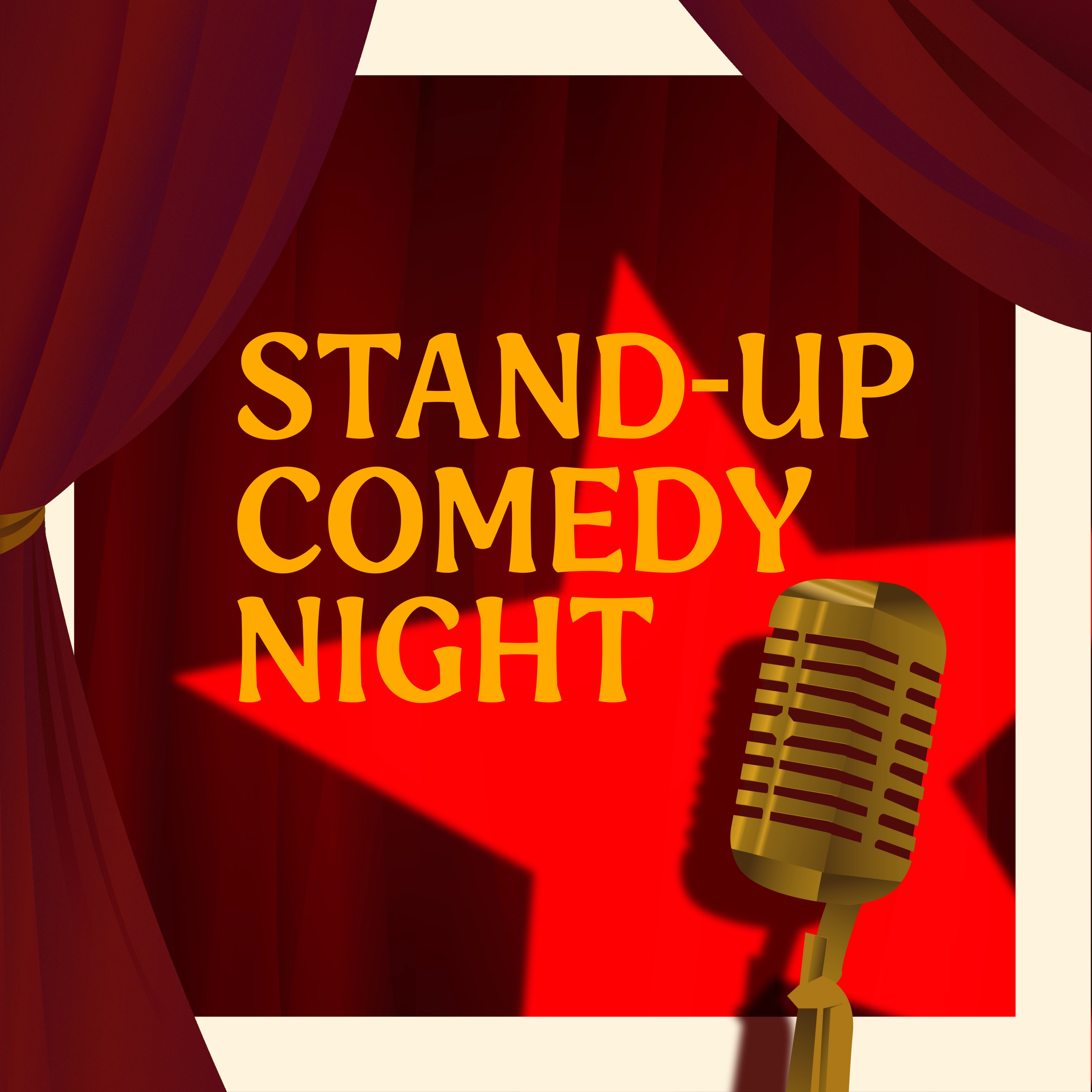 Promotional artwork for Stand-Up Comedy Night. A vintage gold microphone on a stand sits in the lower right against a bold red star, framed by deep crimson theatre curtains. The title is displayed in large yellow lettering.