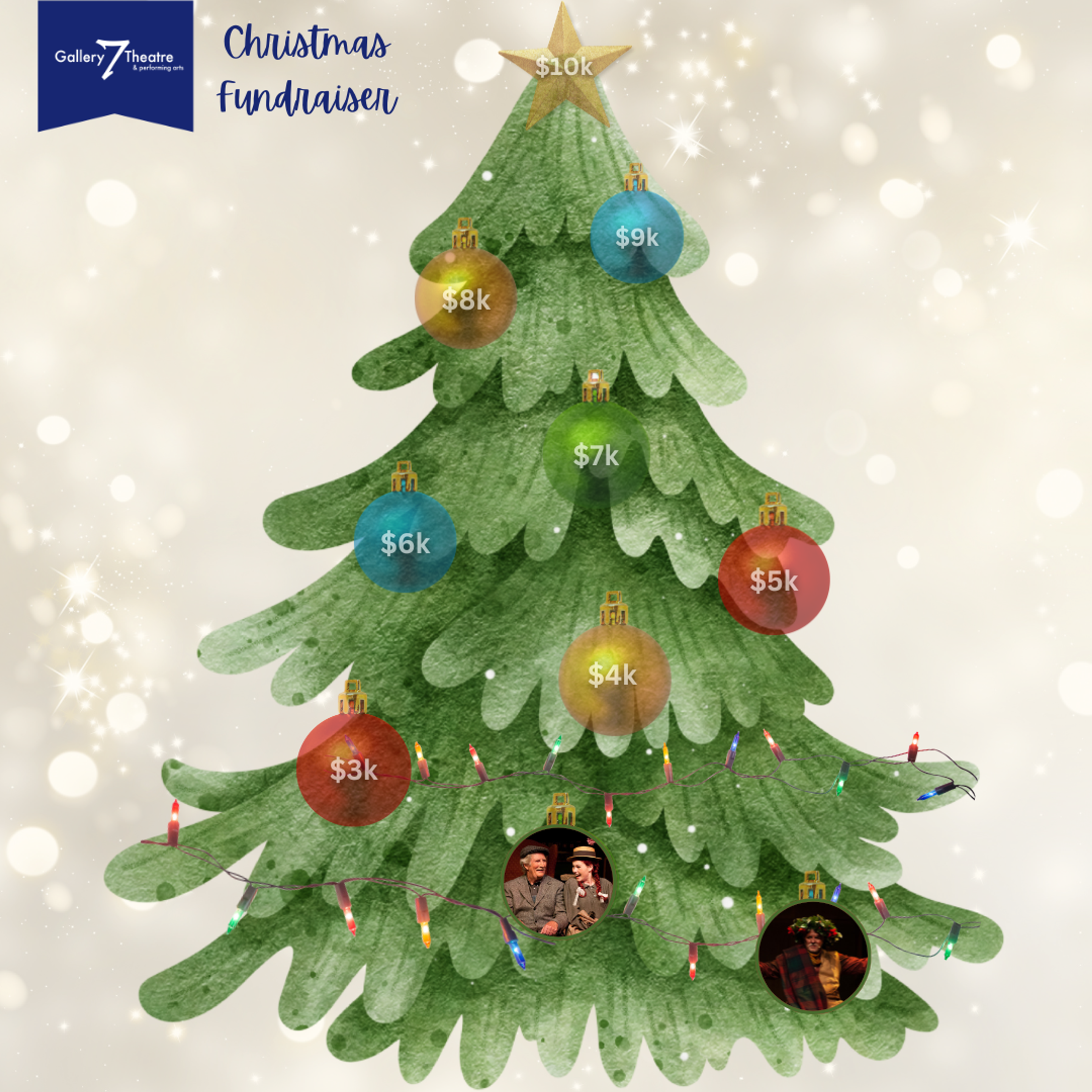 A graphic Christmas Tree with colorful baubles