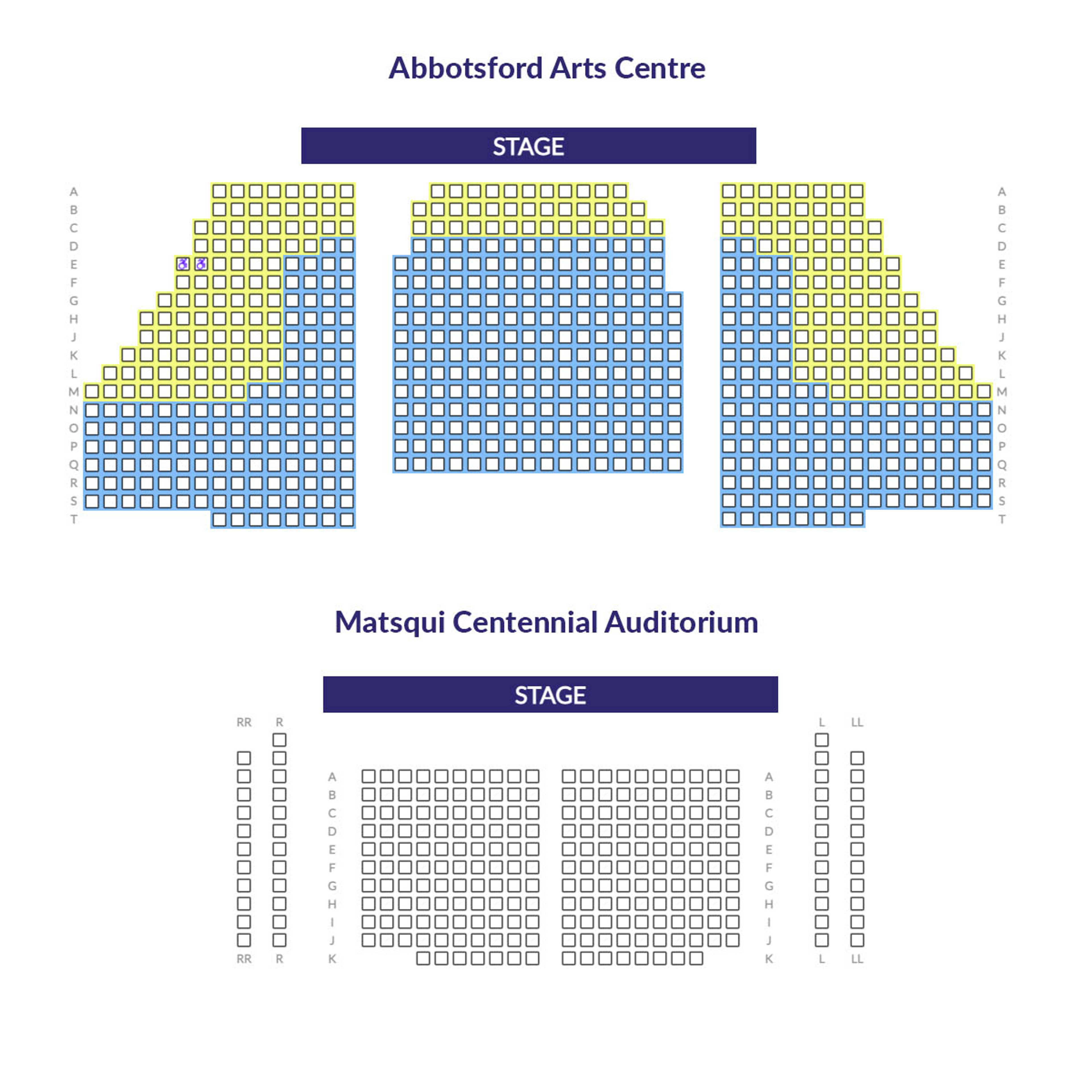 Seating maps for Abbotsford Arts Centre and Matsqui Centennial Auditorium