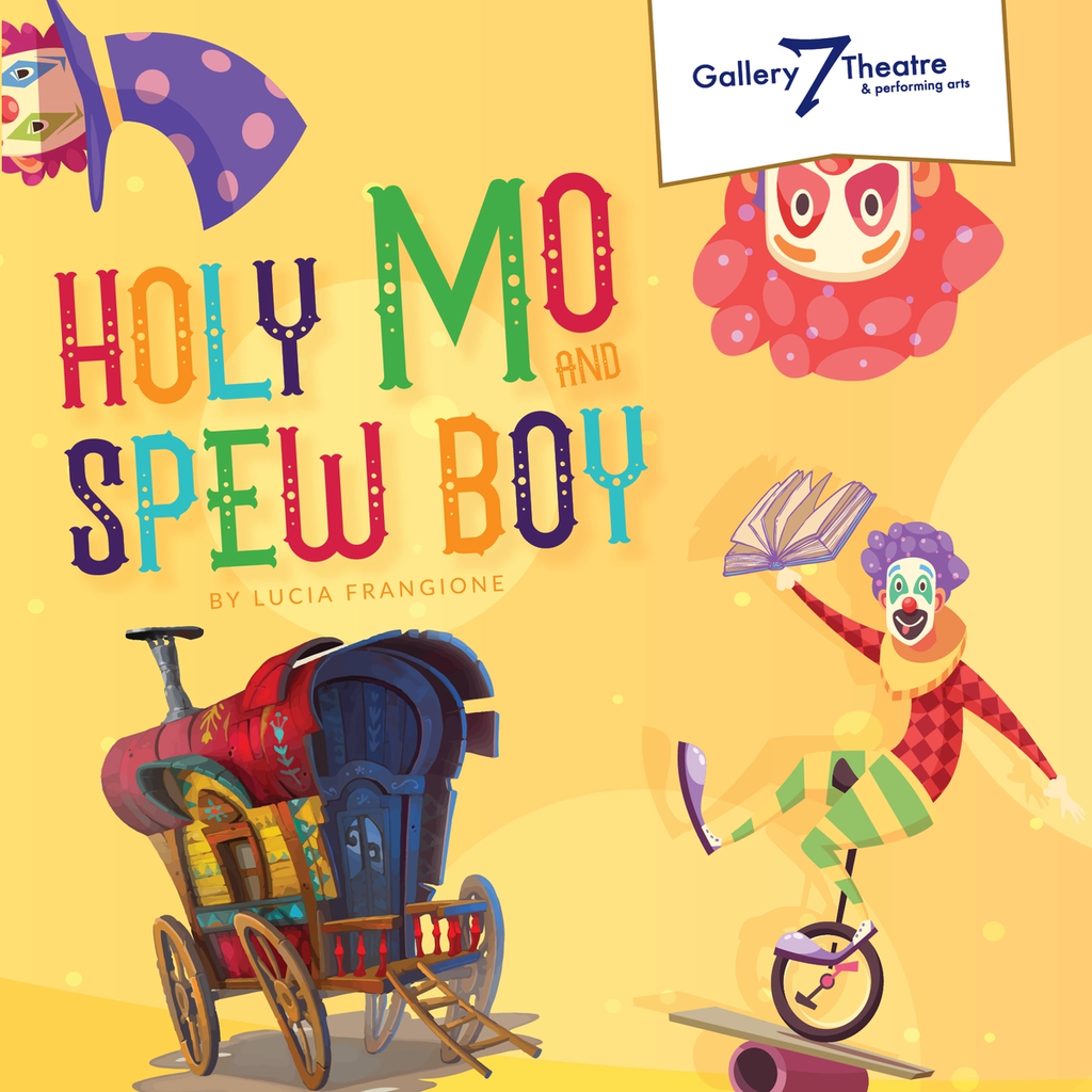 Holy Mo & Spew Boy graphic with clowns popping out  from various angles and a travelling wagon