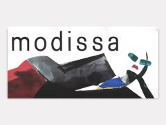 Artistic fashion poster by Maurice Kennel for Modissa Zürich (1992) featuring an expressive, minimalist line drawing of a stylish woman's silhouette in fluid black strokes against a clean background, embodying 1990s Swiss graphic design and elegance.