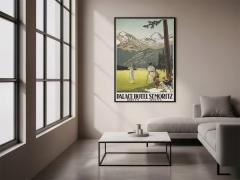 Vintage 1921 lithograph travel poster by Emil Cardinaux for Palace Hotel St. Moritz. A woman in white period attire swings a golf club on a sunlit green, while a group enjoys a picnic in the foreground shade of a pine tree. In the background, majestic snow-capped Swiss Alps rise above a dense evergreen forest under a pale sky. Bold typography at the bottom reads 'PALACE HOTEL ST. MORITZ'.