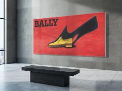 Artistic advertising poster for Bally, featuring a drawing of a men's tan-colored, brogue-style oxford shoe with lace details. A large, stylized dark shadow of a high heel is cast behind the men's shoe. The word 'BALLY' is written in bold, black serif letters in the upper left. The background is a vibrant, textured red with loose, swirling crayon scribbles of other colors. The image has a horizontal orientation and a triptych paneling.