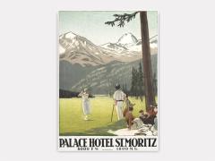 Vintage 1921 lithograph travel poster by Emil Cardinaux for Palace Hotel St. Moritz. A woman in white period attire swings a golf club on a sunlit green, while a group enjoys a picnic in the foreground shade of a pine tree. In the background, majestic snow-capped Swiss Alps rise above a dense evergreen forest under a pale sky. Bold typography at the bottom reads 'PALACE HOTEL ST. MORITZ'.