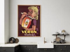 1954 Swiss lithograph poster by Pierre-Alexandre Junod for Véron Confitures. A glowing, translucent glass jar filled with quince jelly stands against a dark background. The jar features a minimalist white label with bold black 'VÉRON' text. High-contrast, mid-century modern style.