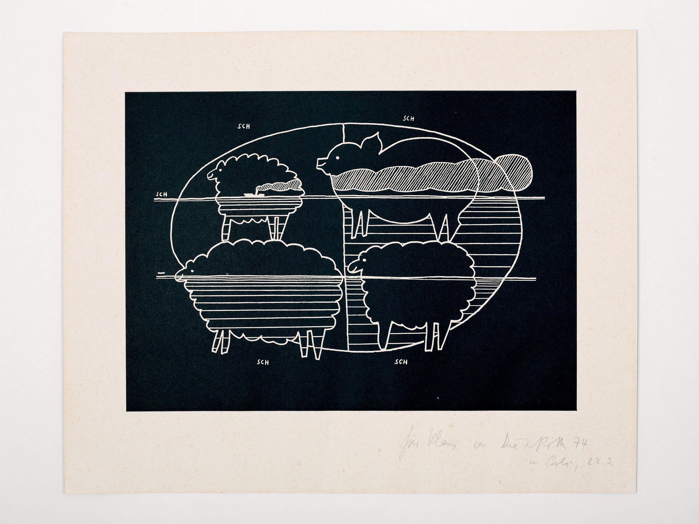 Original-Holzschnitt mit eigenh. Widmungstext und Unterschrift., Dieter Roth