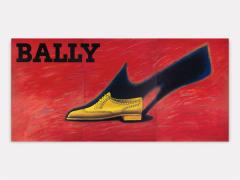 Artistic advertising poster for Bally, featuring a drawing of a men's tan-colored, brogue-style oxford shoe with lace details. A large, stylized dark shadow of a high heel is cast behind the men's shoe. The word 'BALLY' is written in bold, black serif letters in the upper left. The background is a vibrant, textured red with loose, swirling crayon scribbles of other colors. The image has a horizontal orientation and a triptych paneling.