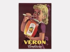 1954 Swiss lithograph poster by Pierre-Alexandre Junod for Véron Confitures. A glowing, translucent glass jar filled with quince jelly stands against a dark background. The jar features a minimalist white label with bold black 'VÉRON' text. High-contrast, mid-century modern style.