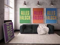 Michael Schirner 'Alles Falsch' 1989 Swiss Poster, Museum für Gestaltung Zürich. High-contrast print with minimalist typography. Designed by Michael Schirner and printed by Spillmann Siebdruck, this original F4 format poster is a seminal work of conceptual German advertising and Swiss graphic history.