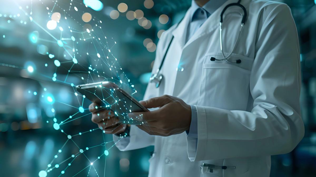 A clinician in a white coat reviews data on a tablet, with a network of glowing data points visualized alongside.
