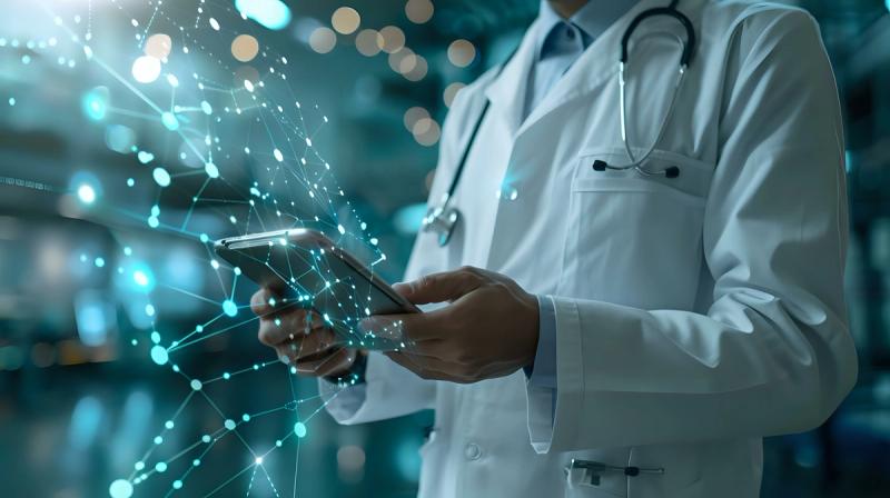 A clinician in a white coat reviews data on a tablet, with a network of glowing data points visualized alongside.