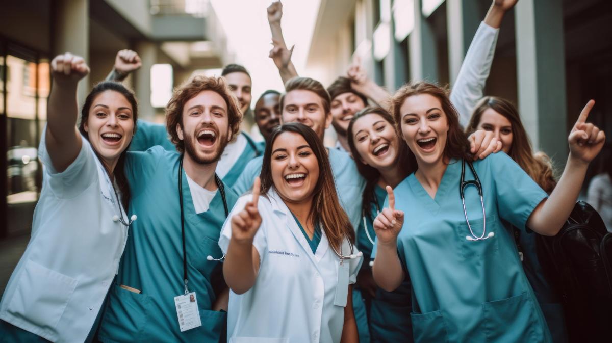 A group of healthcare workers in scrubs and white coats stand together outdoors, energized and smiling.