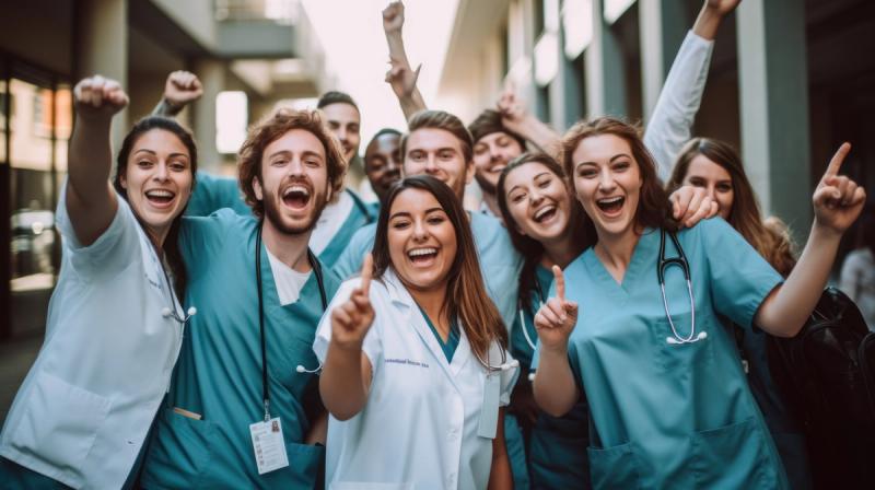 A group of healthcare workers in scrubs and white coats stand together outdoors, energized and smiling.