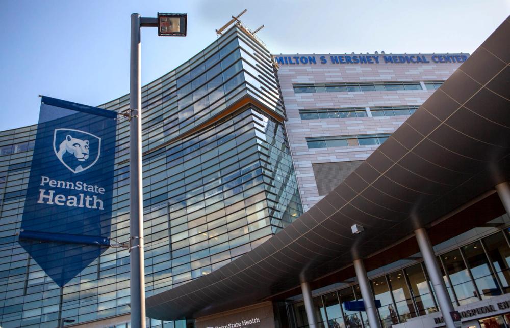 The Penn State Health Milton S. Hershey Medical Center campus, with the Penn State Health banner in the foreground.