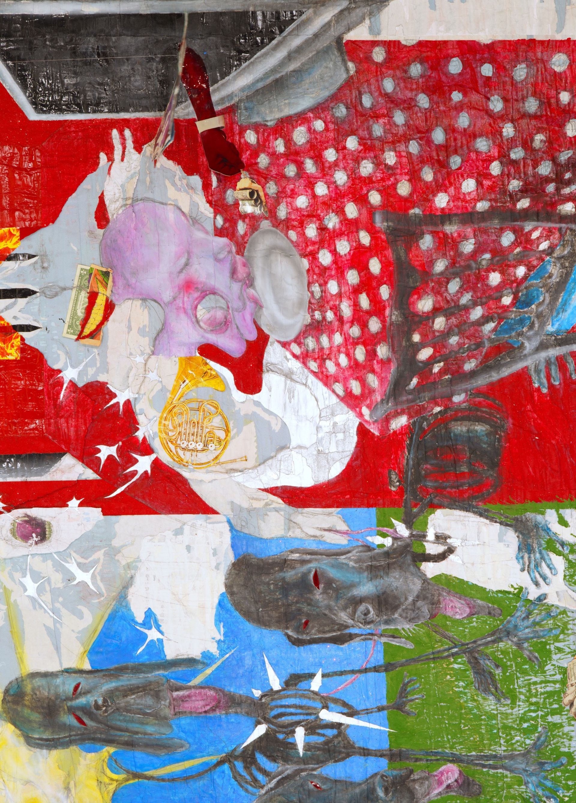 Painting on torn paper: dogs, a pink face and red polka-dot patterns