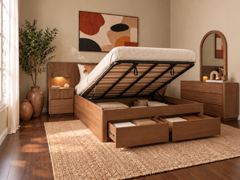 A modern wooden storage bed with its mattress lifted and drawers open in a styled bedroom.