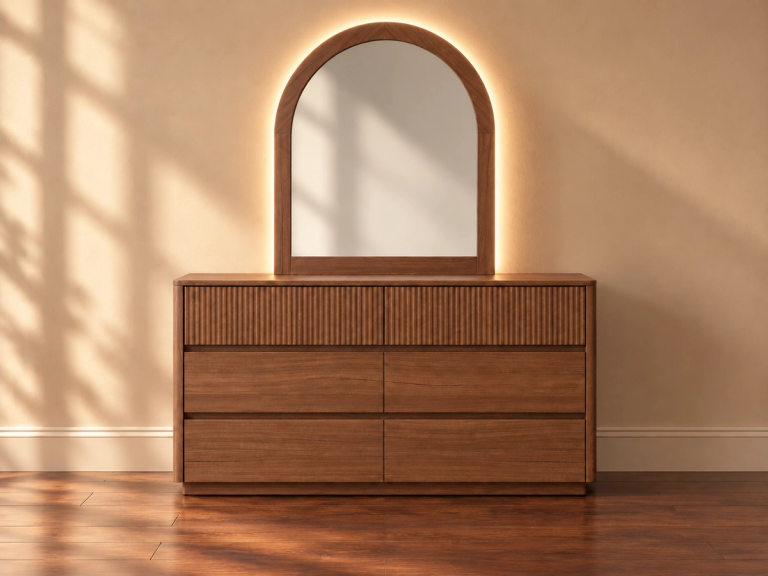 Wooden dresser with ribbed top drawers and an arched, backlit mirror.
