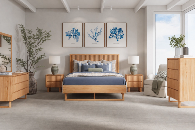A modern bedroom with light wood furniture, blue bedding, and three framed blue coral prints.